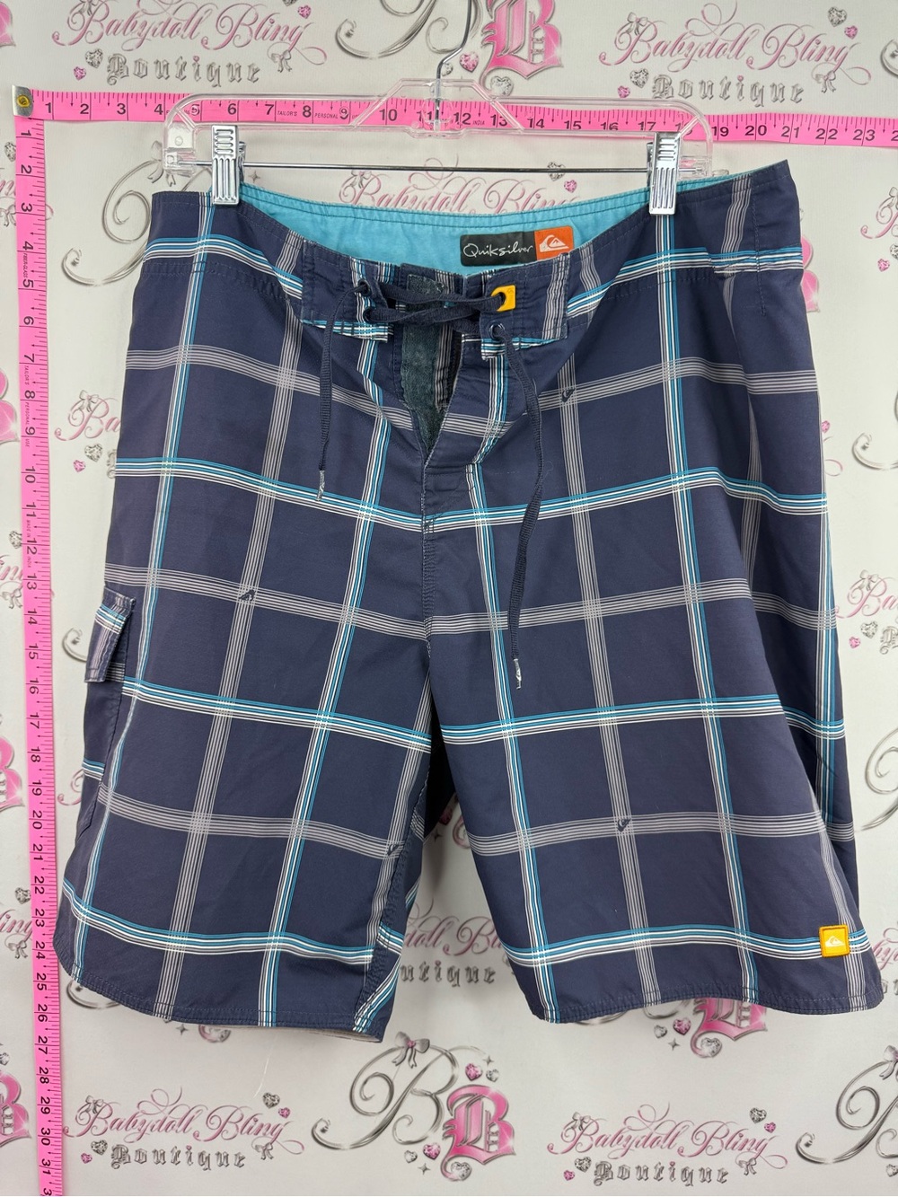 Quiksilver shorts board Men’s Navy Plaid Swim Trunks Teal Accents